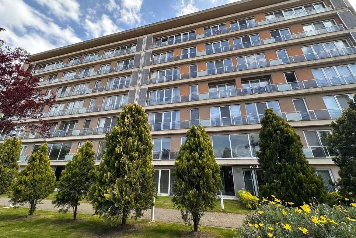 Bina, ağaçlar ve çiçekler.
